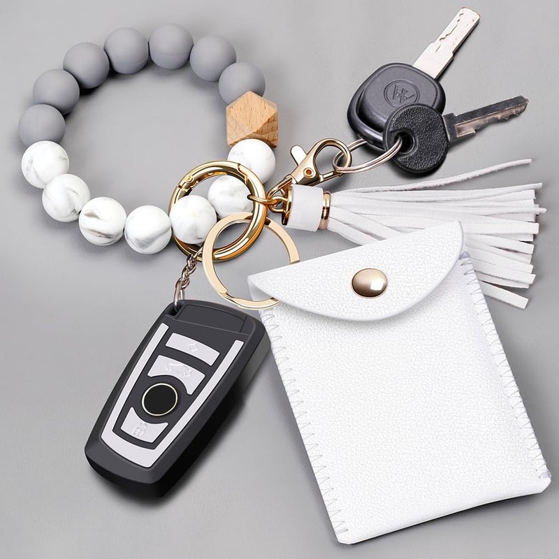 UpUDo Keychain Bracelet Wristlet, Silicone Beaded Key Ring Bracelet with Card Wallet, Elastic Keyring Bangle for Womens - Image 2